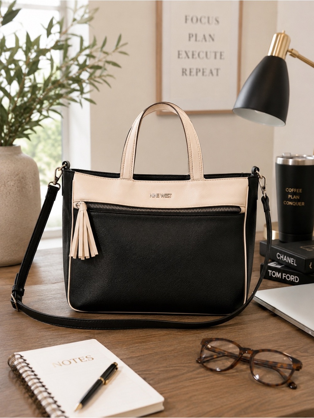 Nine West Black Cream Colorblock Crossbody Satchel Bag Neutral Work Tote